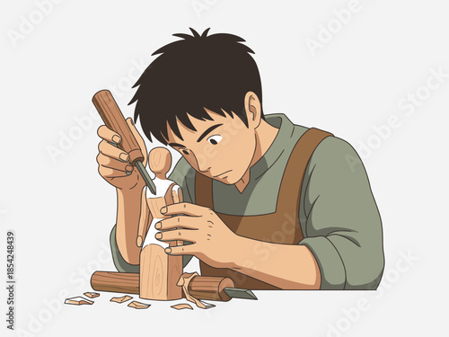 Man Carving Wooden Figurine with Tools 1.
