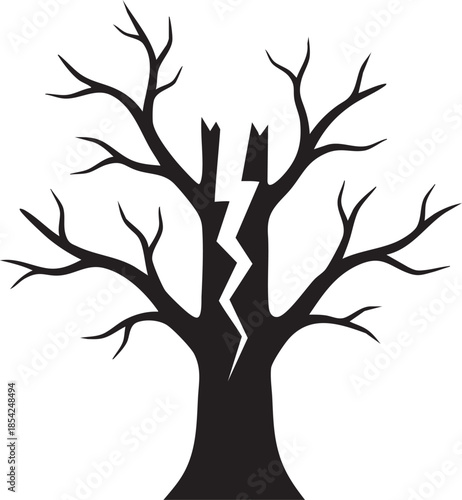 Dead Tree Struck by Lightning with Zigzag Split Trunk Silhouettes isolated on white background