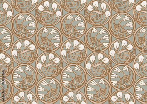 Decorative flowers and leaves in art nouveau style, vintage, old, retro style. Seamless pattern, background. Vector illustration. In art nouveau style, vintage, old, retro style.