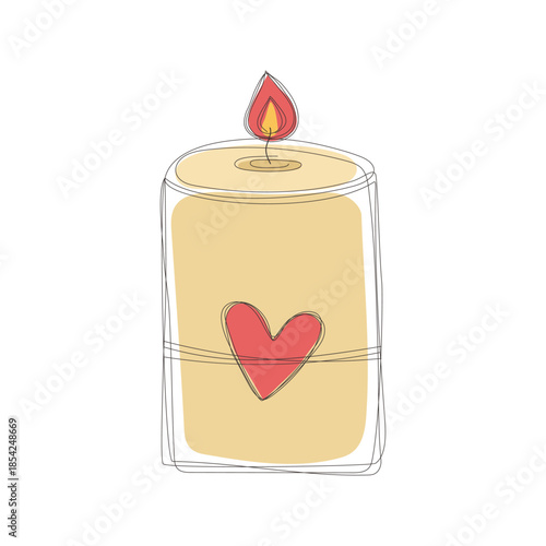 Linear icon candle, heart. Hand-drawn cozy wax candle with flame and fire. Valentine's Day. White background, line art. Element for holiday, decoration, and decor. Flat color illustration. 