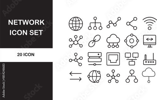 A comprehensive set of 20 line icons for various networking and connectivity concepts