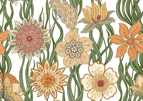 Ornate floral seamless pattern. Elegant hand-drawn botanical motif with intricate repeating layout for textile and wallpaper. Classic flowers and foliage create a refined vintage background.