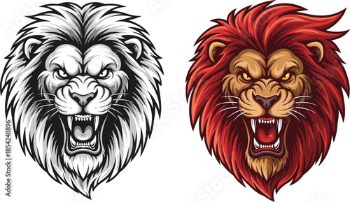 Roaring lion head illustration set in black white and red styles fierce wild animal mascot isolated on white background vector design