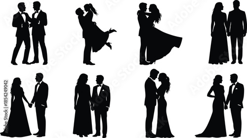 Romantic wedding couple silhouettes collection showing elegant bride and groom poses dancing embracing and holding hands isolated flat vector illustration
