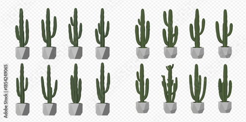 Collection of various green cactus plants in gray geometric pots, isolated on a transparent background, vector illustration.