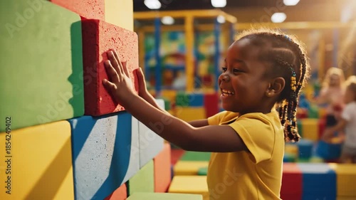 Joyful Playtime - Little Girl Building with Colorful Foam Blocks.