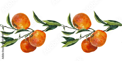 Slika na platnu Watercolor border with ripe orange tangerines hanging on branches among green leaves