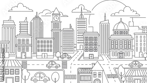 Wallpaper Mural Cartoon City Skyline and Street Coloring Page for Kids, Urban Landscape with Buildings and Cars, Simple Town Illustration Torontodigital.ca