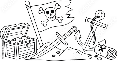 Black and white outline illustration of pirate treasure elements including a flag chest sword and anchor perfect for childrens coloring books or adventure game design