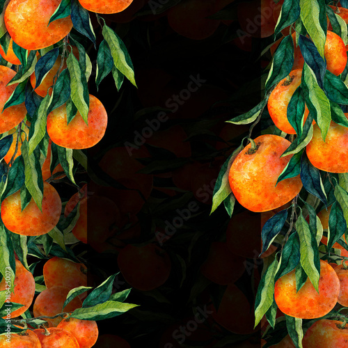 Square border with hand-painted tangerines, peeled segments and green foliage. Watercolor composition on white background. Ideal for food packaging, invitations, branding, and label design.