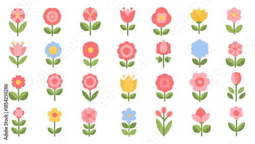 Cute Flower Icons Set in Flat Vector Style