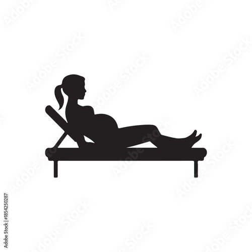 A silhouetted image depicts a pregnant woman relaxing on a chaise lounge peacefully enjoying the sun