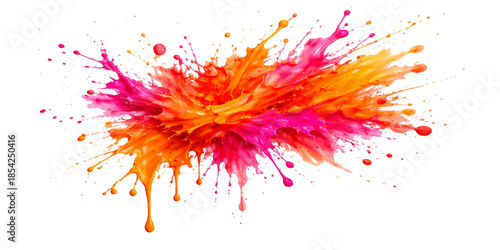 Colorful ink splashes and splats with red and yellow paint create a vibrant watercolor splatter design featuring grunge texture and rainbow liquid drops in a decorative vector art illustration