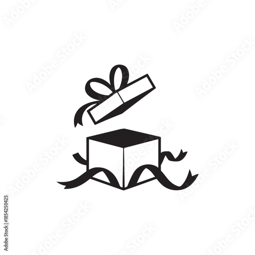 A simple black and white illustration depicting an open gift box with a ribbon and bow on top