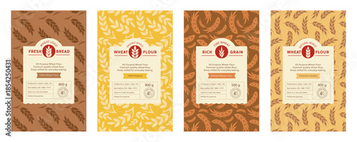 Bread Packaging Design Template Set with Wheat Patterns and Logos, Editable Vector Labels