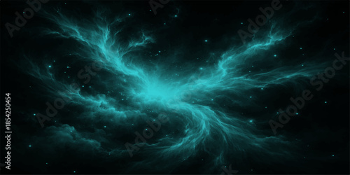 An abstract blue space background features a dark galaxy nebula with bright stars and cosmos clouds forming a fantasy science texture across the night sky universe