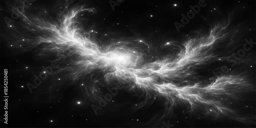 An abstract galaxy background features a dark night sky filled with bright stars, blue nebula clouds, and shimmering cosmic light across the deep universe of space