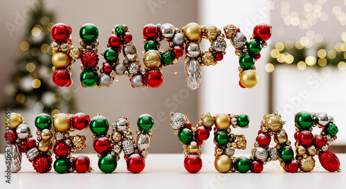 Happy New Year text formed by colorful Christmas ornaments, Generated by AI