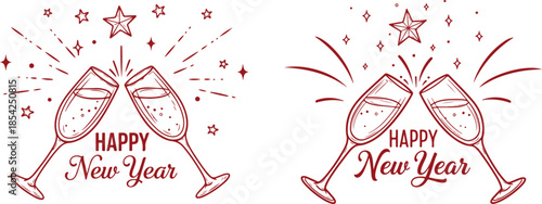 Happy new year celebration with clinking champagne glasses and stars