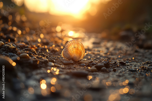 a small shell in the beach sand lit by sunset