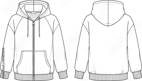 Unisex zip up hoodie cad drawing flat vector illustration showing front and back views with hood drawstrings pockets ribbed cuffs hem