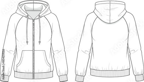 Women zip up hoodie cad drawing flat vector illustration showing front and back views with hood zipper pockets ribbed cuffs hem