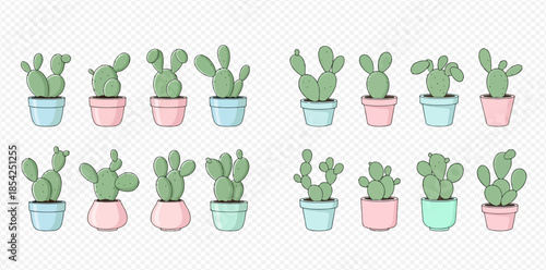 Collection of various cute cartoon cactus plants in colorful pots, perfect for decorative designs and illustrations.