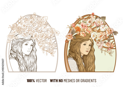 Stylized portrait of a girl with a leafy tree canopy. Hand drawn vector illustration ideal for art prints, posters, or packaging. 100 percent vector, no mesh or gradient.