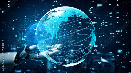 Obraz na płótnie This image depicts a futuristic globe held by a robotic arm, symbolizing the integration of technology and data in today global landscape and future advancements