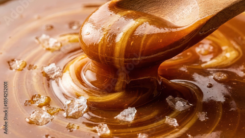 Rich salted caramel sauce dripping from a wooden spoon with sea salt crystals macro photography for gourmet dessert concepts. Gourmet Salted Caramel Sauce Backgrounds