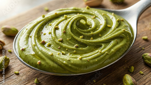Gourmet pistachio cream spread on a silver spoon with crushed nuts macro food photography for culinary branding Gourmet Pistachio Nut Spread Textures