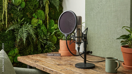 Professional Podcast Studio With Green Moss Wall And Wooden Desk For Eco Friendly Content Creators. Sustainable Podcast Studio Setup
