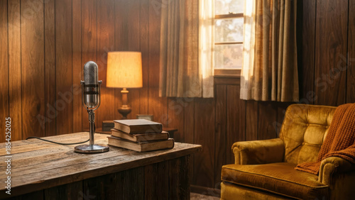 Vintage Silver Microphone On Rustic Wooden Table With Old Books For History Podcast Narrators. Classic Desktop Microphone Setup