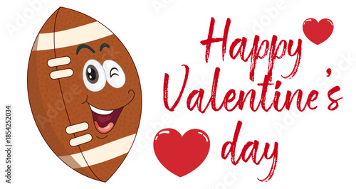 Cute cartoon American football character surrounded by hearts and love messages. Ideal for Valentine’s Day greeting cards, romantic sports designs, stickers, prints and digital decorations.