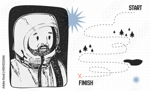 Hand drawn hiker in winter gear  next to a whimsical adventure trail map with start and finish points, trees, and abstract terrain, collage