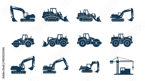 Construction Machinery Icons Set Bulldozers, Excavators, and Cranes for Building Projects