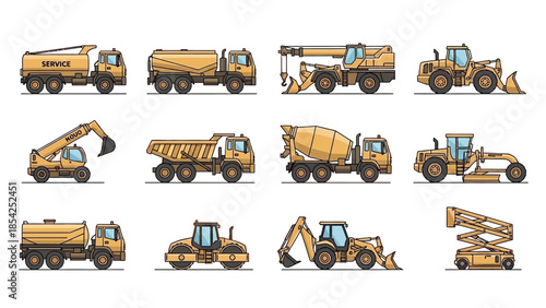 Collection of construction vehicles illustration set - Excavator, crane, truck, bulldozer, and more