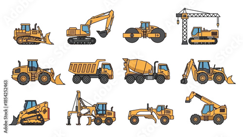 Construction Vehicles Illustration Set Various Construction Machines and Equipment in Yellow and Black