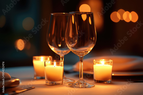 two glasses of champagne on the table next to romantically burning candles