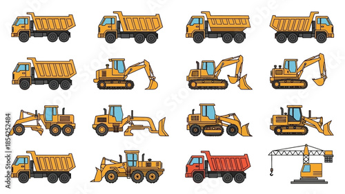 Collection of construction vehicles including dump trucks, excavators, and bulldozers