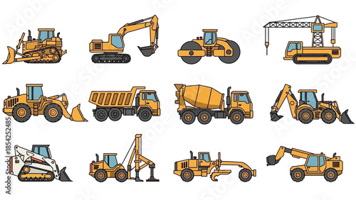 Illustration of various construction vehicles for infrastructure, road works, and building projects, vector set
