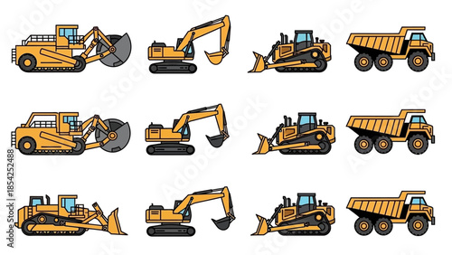Collection of construction vehicles in a row, featuring excavators, bulldozers, and dump trucks, graphic design