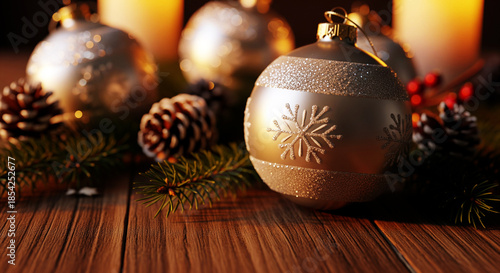 Silver Christmas ornament with snowflake on rustic wooden table, Generated by AI