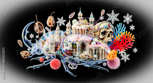 A Fantastical Beetle Adorned with Miniature Castles, Skulls, and Snowy Ornaments on a Dark Background