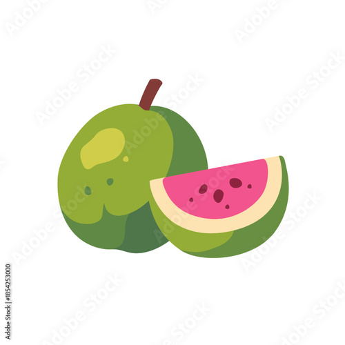 Green guava with cut slice, fruit icon, isolated flat style vector illustration