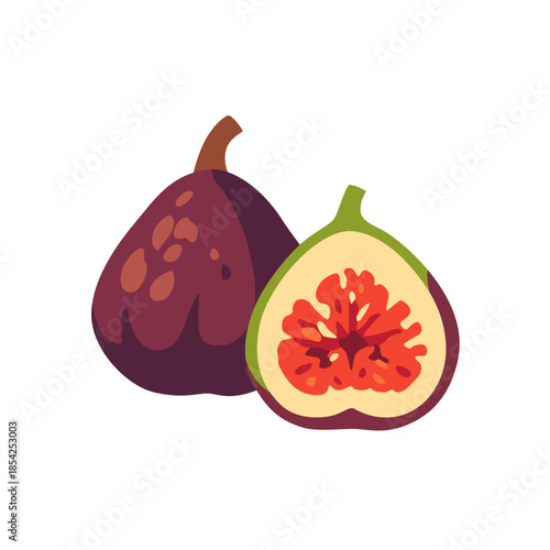 Purple fig with cut half, fruit icon, isolated flat style vector illustration
