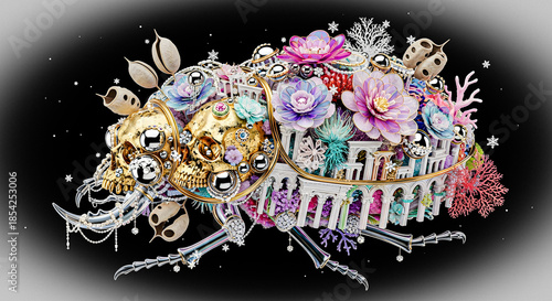 A whimsical and intricate beetle sculpture adorned with flowers, skulls, and jewels, creating a surreal artistic composition