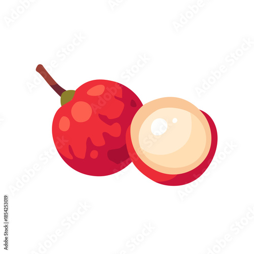 Red lychee with peeled half, fruit icon, isolated flat style vector illustration