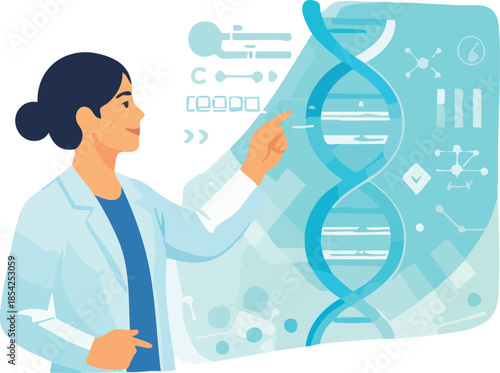 A flat-style illustration of a female scientist interacting with a futuristic digital DNA interface, representing biotechnology and genetic research.