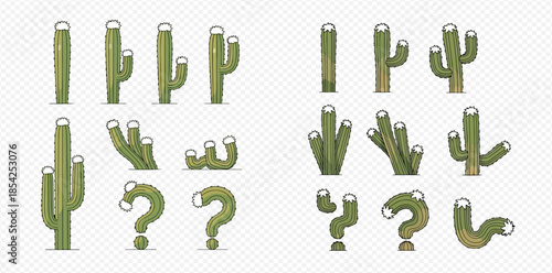 Set of cartoon green cactus plants in various shapes and question marks.